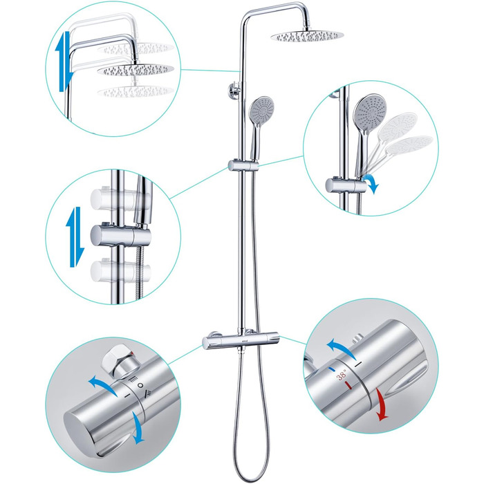 Душова система Ulytid з термостатом, душовий набір тропічний душ з кріпленням, повний набір душової арматури душовий набір, душовий набір з ручним душем 3 типи струменя, круглий тропічний душ 25 см з нержавіючої сталі, хромований