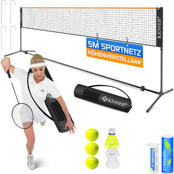 Сітка для бадмінтону KESSER, сітка для тенісу Сітка для волана з регулюванням висоти у 3 напрямках 107/120/155 см, комплект включає сітку, 3 волани та 3 тенісні м&39ячі, сумку для перенесення, міцну залізну раму, для використання в приміщенні та на вулиці