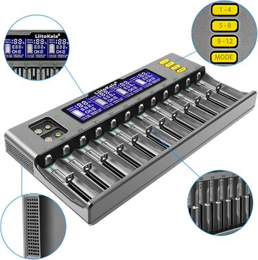 Сумісний з Li-ion 26650/22650/18650/18490/18350/17670/17500/17355/16340/14500/10440/AASA тощо AA/SC NI-MH та NiCdA, AA, AAA, SC., 12 Ladegert