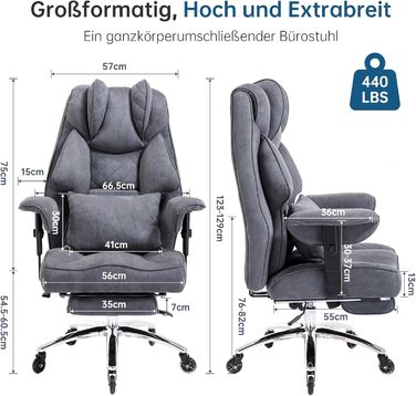 Ергономічне офісне крісло, вантажопідйомність 200 кг, крісло керівника з підставкою для ніг, робоче крісло з поперековою опорою, зручне широке сидіння XXL, потовщена оббивка, регульована висота, штучна замша сірого кольору