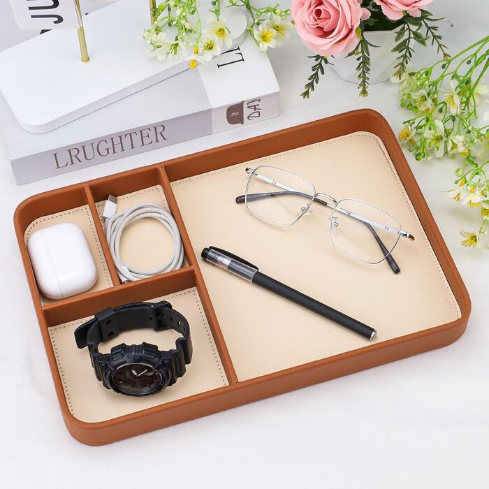 Чоловічий органайзер для столу, 4 відділення, високоякісна штучна шкіра, лоток для всіх тумбочок, тумбочки біля ліжка, кешбек для ключів, годинника, телефону, ювелірних виробів, EDC, коричневий