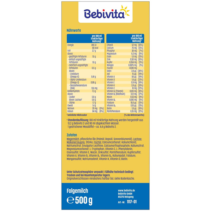 Молочна суміш Bebivita 2 для дітей віком від 6 місяців (4 x 500 г) з вітамінами C та D, Омега-3 (DHA), що насичує дитину відповідно до віку. Молочна суміш Bebivita 2 для дітей віком від 500 г (4 шт.)