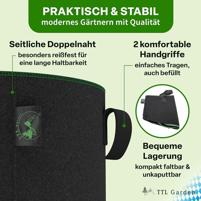 Мішки для посадки рослин TTL GARDEN 10 x 22 л з нетканого матеріалу - Набір з 10 шт. (20 л 10 22 літри) - Мішки для посадки з фетру та нетканого матеріалу 300 г/м - Контейнери для посадки на балкон, терасу, теплицю та саду - 22 літри - Набір з 10 шт. - Ун