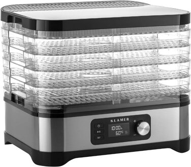 Дегідратор KLAMER 400 Вт, 24-годинний таймер і регулятор температури 35-70C, 5 вставок, що регулюються по висоті, сушарка з облицюванням з нержавіючої сталі, без BPA