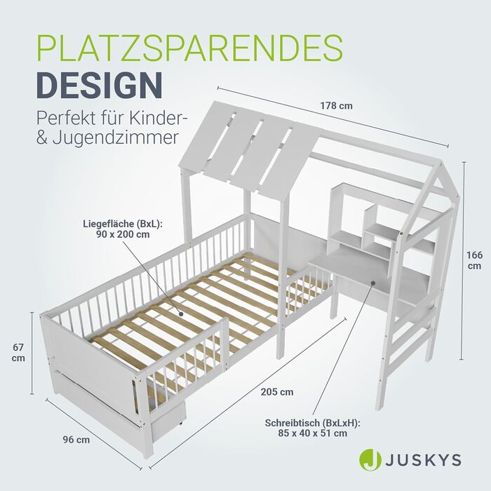 Дитяче ліжко Juskys Yari 90x200 см - Односпальне ліжко з письмовим столом та шухлядою, сосна та міцні матеріали, дизайн &quotГрайливий будиночок&quot - Біле