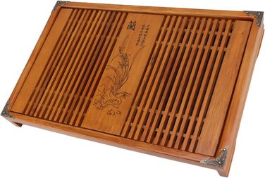 Піднос для чайної церемонії Гунфу, дерев'яний, з великим резервуаром для води та орхідеями, для чайної церемонії Гунфу, 28 x 43 см