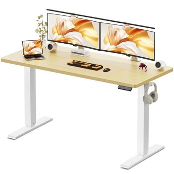 Стіл з регульованою висотою, електричний комп&39ютерний стіл 140 x 60 см, стіл для роботи сидячи та стоячи з 4 положеннями пам&39яті, стіл для роботи стоячи з 2 гачками для офісу, з&39єднувальна пластина, дуб