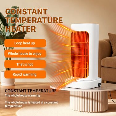 Керамічний вентилятор-обігрівач PTC, швидкий нагрів за 1 секунду, 1200 Вт/1000 Вт, коливання 90 із захистом від перегріву та перекидання, компактний та тихий для спальні та офісу