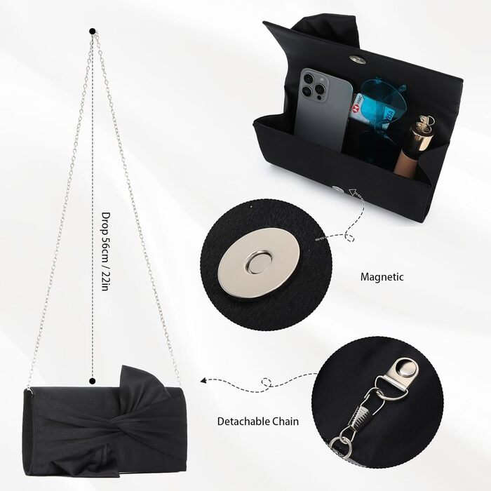 Чорний атласний клатч для вечірнього вбрання з бантом та плісе для наречених