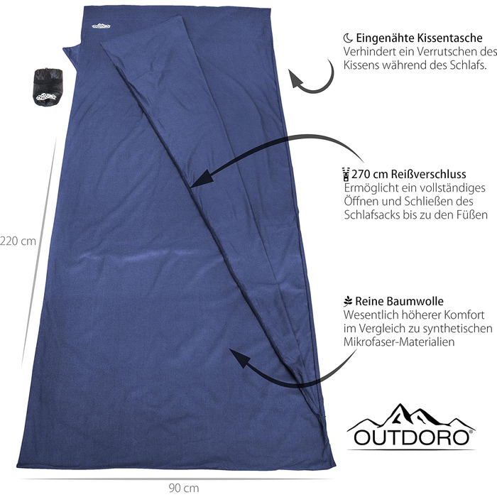 Спальний мішок Outdoro Hut, надлегкий дорожній спальний мішок - лише 350 г, виготовлений з чистої бавовни з кишенею для подушки - тонкий та компактний - підкладка, дорожнє простирадло синього кольору