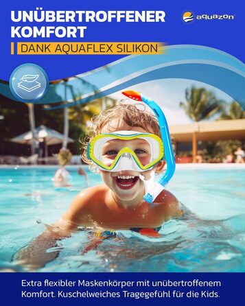 Дитячий комплект для підводного плавання AQUAZON Starfish - Маска для дайвінгу з надзвичайно зручною текстильною пов&39язкою на голову - 7-12 років - включаючи трубку, супер прозоре загартоване скло, синє