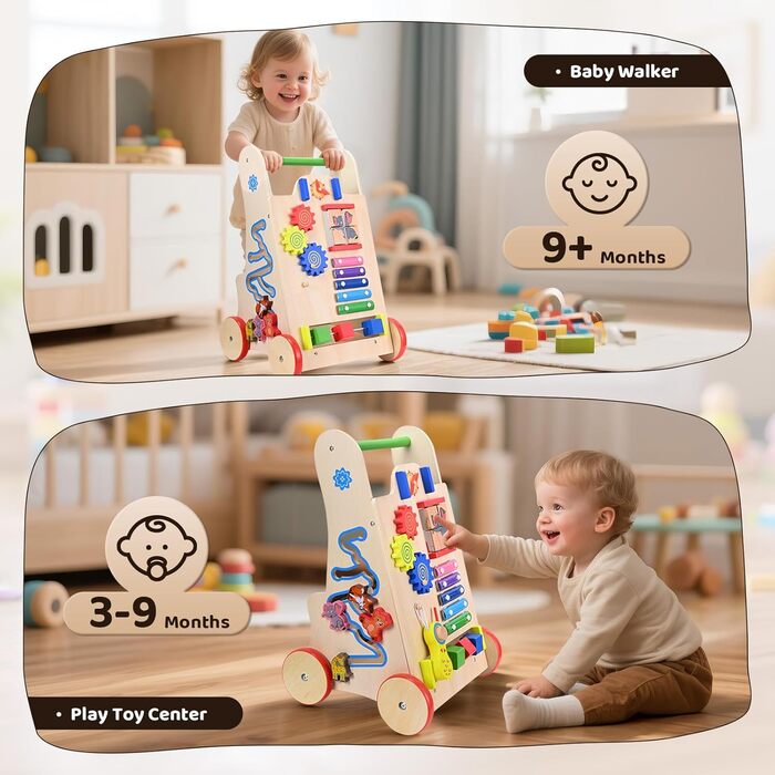 Дерев&39яні ходунки для дітей 8-в-1 з колесами та будівельними блоками, багатофункціональна іграшка-подарунок для малюків від 10 місяців до 1-2 років, кольору дерева