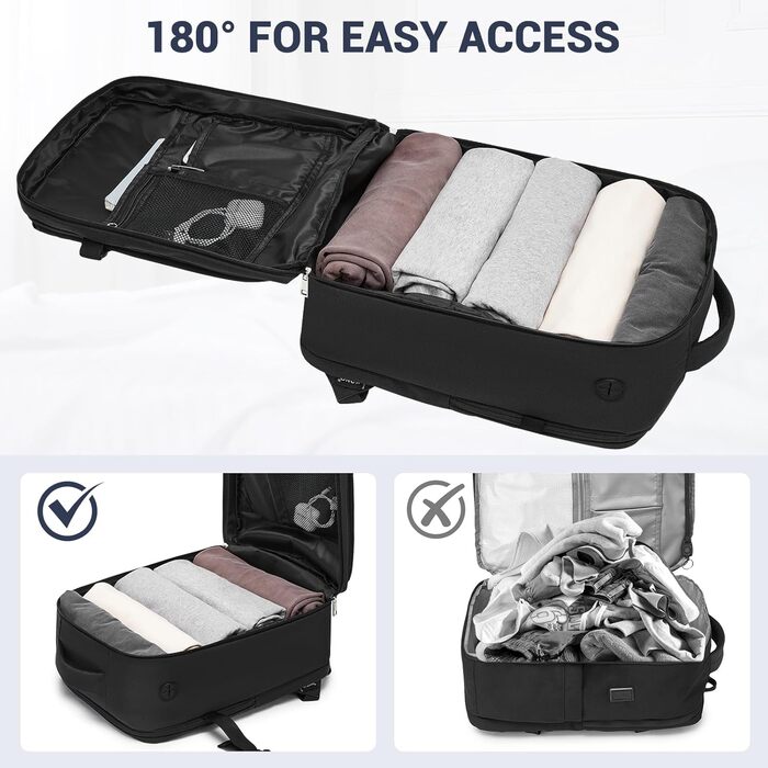 Рюкзак KONO, ручна поклажа, літак, 40x30x20, Ryanair та Eurowings, дорожній рюкзак для жінок та чоловіків, 24 л, надлегкий (500 г), з портом зарядки USB для ноутбуків до 15,6 дюймів, чорний, 40x30x20 см