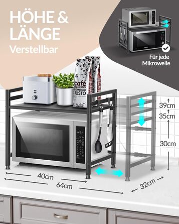 Полиця для мікрохвильової печі, кухонна полиця, стояча, сталь (2-рівнева) Полиця для мікрохвильової печі, шафа для мікрохвильової печі Полиця для зберігання, полиця для пекарні, регульовані по висоті та довжині полиці відеоінструкції, гачки - Чорний, 2-рі