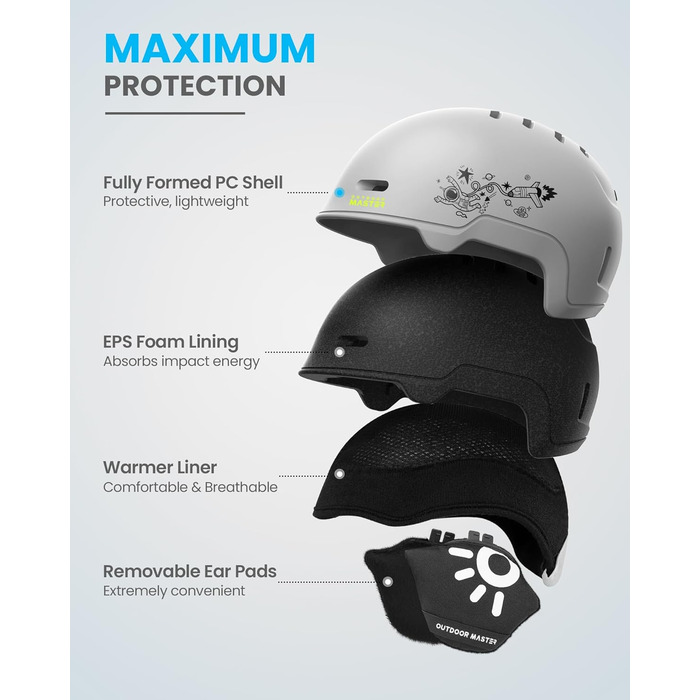 Комплект дитячого лижного шолома та окулярів OutdoorMaster, шолом для сноуборду, міцна оболонка з полікарбонату та пінопласту EPS, лижний шолом з 12 вентиляційними отворами, регульований шолом, сертифіковані шоломи для хлопчиків та дівчаток, матово-сірий,
