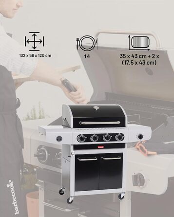 Газовий гриль Barbecook Siesta 412 (4 пальники бічний пальник), чорний/сірий, 132x56x119 см