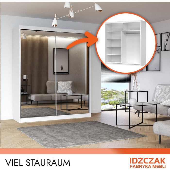 Шафа з дзеркалом - Шафа з розсувними дверима - Шафа для спальні - 64 x 203 x 215 см - Шафа для вітальні - Вішалка для одягу, Шафа з двома дверима, Сучасна 200 см Чорного кольору