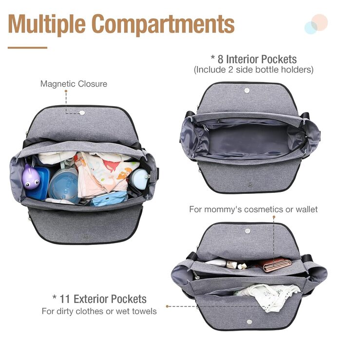 Пеленальна сумка-месенджер велика з пеленальним килимком для подорожей, сіра