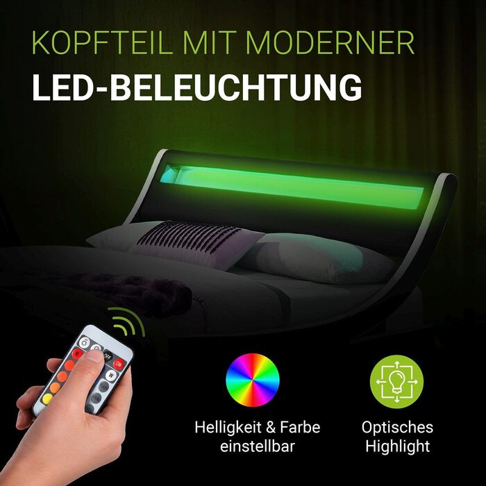 М'яке ліжко Juskys Valencia 140x200 см зі світлодіодним освітленням, рейковою рамою, узголів'ям та штучною шкірою - ліжко молодіжн