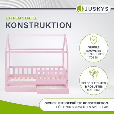 Дитяче ліжко Juskys Marli 80 x 160 см з матрацом, ящиком для ліжка, захисними поручнями, рейковою основою та дахом - Ліжко-будиночок з масиву дерева для дітей - Ліжко рожевого кольору
