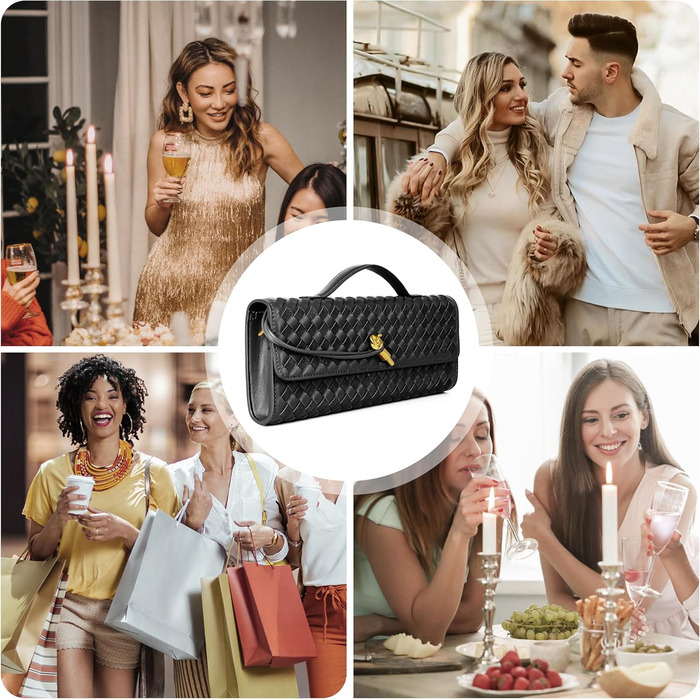 Плетений гаманець для жінок, вечірня сумочка, клатч, плетена шкіра, сумка через плече, офіційна вечірня сумка. Чорна плетена шкіра та замша.