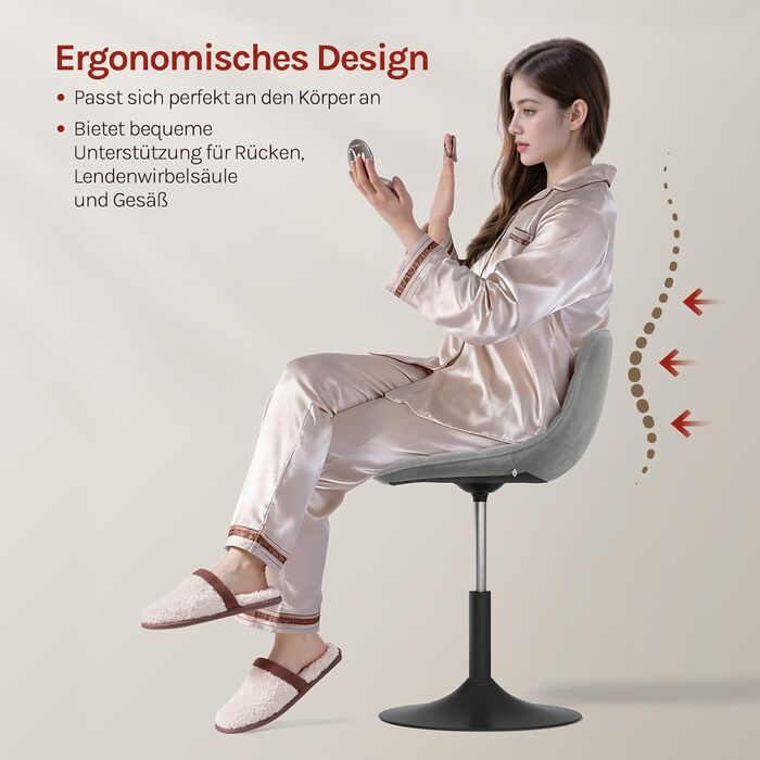 Крісло-табуретка WOLTU для туалетного столика, спальні та їдальні - регульована висота, поворот на 360 зі спинкою, виготовлена з комфортного оксамиту, світло-сіра