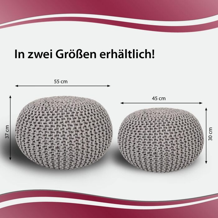 Пуф Casamia Ø 55 або 45 см В&39язаний пуф-сидіння для використання в приміщенні Розмір ø 45 см, Колір світло-сірий 45Г x 45Ш x 30В см Світло-сірий