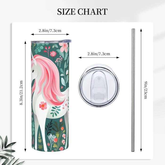 Кухоль з прямою трубочкою, єдиноріг з рожевим волоссям, принт, дорожній кухоль, підходить для кемпінгу, офісу та дому, 590 мл