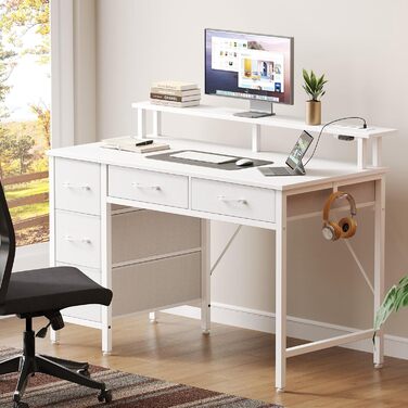 Письмовий стіл Rolanstar з 5 шухлядами, комп&39ютерний стіл з розетками, ігровий стіл зі світлодіодним освітленням, підставка для монітора, для домашнього офісу, спальні, вітальні, офісу (білий, 100) Білий 100