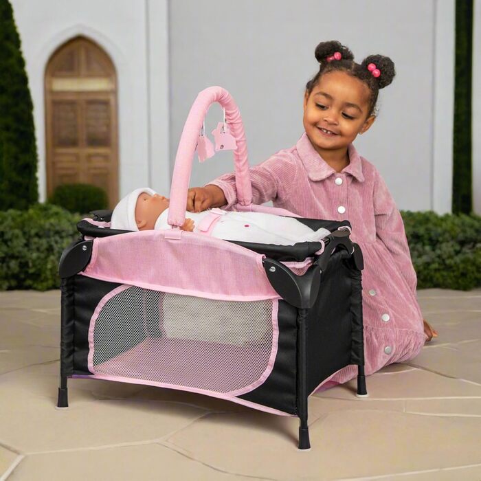 Іграшка для дитячого садка Joie Junior Sleep & Dream у рожевому та чорному кольорах Знімний пеленальний столик та ігрова панель Легке дитяче ліжко для подорожей для ляльок від 3 років