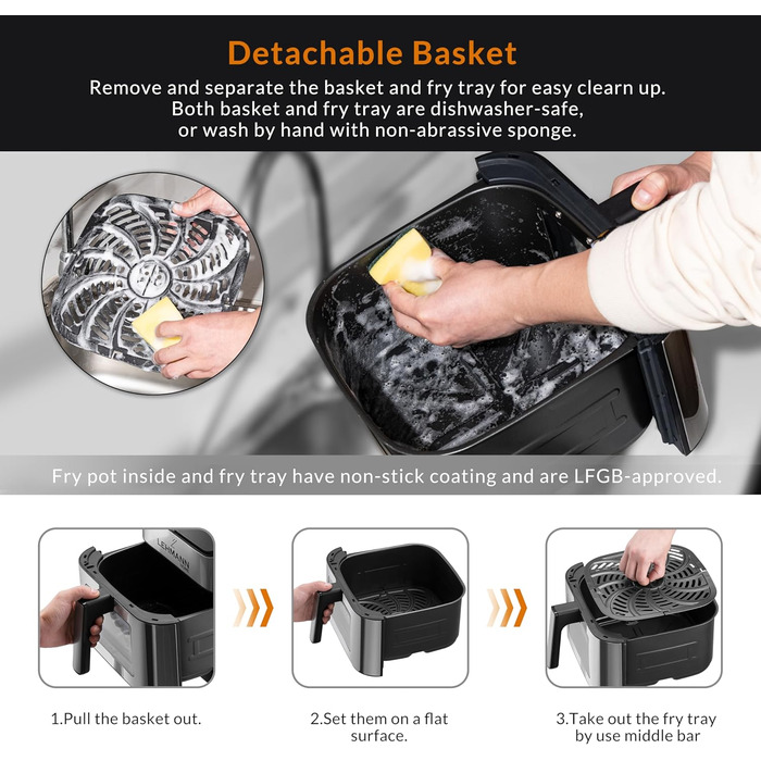 Фритюрниця Lehmann XXL з кошиком 8 л і оглядовим вікном, фритюрниця без олії з підсвічуванням, 1800 Вт, регулювання температури до 200C, фритюрниця з 10 програмами, таймером і сенсорним дисплеєм