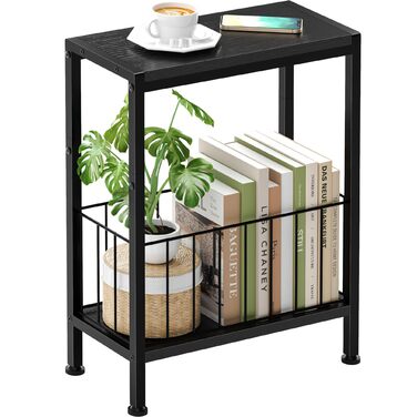 Вузький приставний столик, тонкий приставний столик з полицею для журналів, 2 полиці, вузька тумбочка біля ліжка, маленький журнальний столик для вітальні, спальні, кабінету, 20 x 43 x 58 см (Чорний)