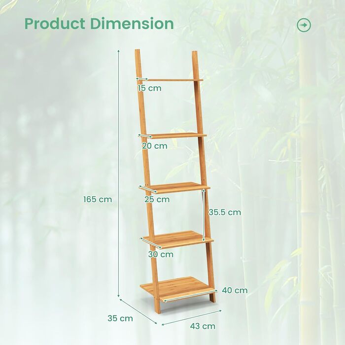 Бамбукова полиця GIANTEX, окремостояча книжкова шафа з 5 ярусами, настінна полиця, полиця для сходів, полиця для рослин для вітальні, ванної кімнати, кухні, 43 x 35 x 165 см, натуральний колір