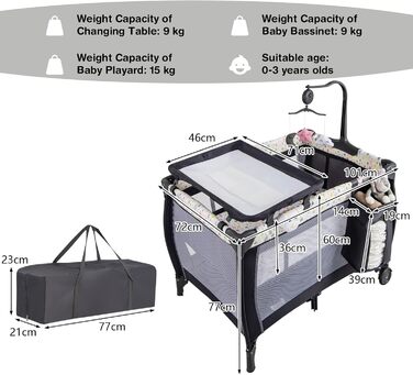Складане дитяче ліжечко-манеж LIFEZEAL, тканина Оксфорд та ПП, багатофункціональне дитяче ліжечко з пеленальний столик для малюків 0-36 місяців, вантажопідйомність 15 кг (сірийбілий)