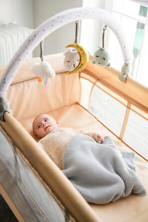 Дитяче та дитяче дорожнє ліжечко MoMi BELOVE PLUS 2-в-1, складне, 2 рівні для сну для немовлят до 9 кг та дітей до 15 кг з дитячим матрацом, ігровою ручкою, пеленальний килимок та сумка для перенесення, темно-зелений