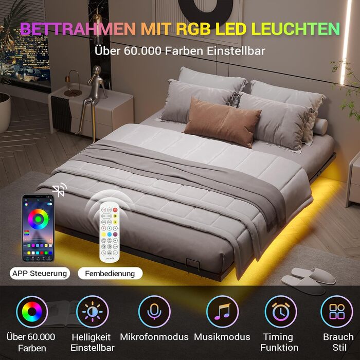 Каркас ліжка DICTAC 140x200 зі світлодіодним освітленням, Ліжко 140x200 з металевою рейковою основою, Плаваючий каркас ліжка 140 x 200 для дорослих з освітленням - Міцний та стійкий, Легке складання, Чорний (без матраца) 140x200 см