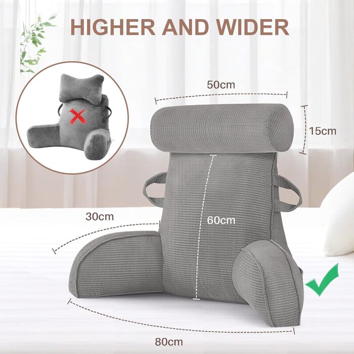 Подушка для спини MINGPINHUIUS, подушка для читання для ліжка та дивана зі знімним валиком для шиї, велика подушка для спини з підлокітником, ідеально підходить як опора для спини для читання, перегляду телевізора, відпочинку, роботи, ігор (сіра)
