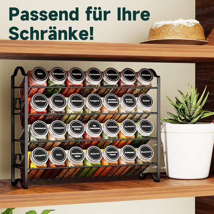 Набір полиць для спецій з 28 баночками для спецій та 120 етикетками - Органайзер для спецій для кухні та шафи - Настінна або окремостояча полиця для спецій - Повна система зберігання спецій (чорний колір)