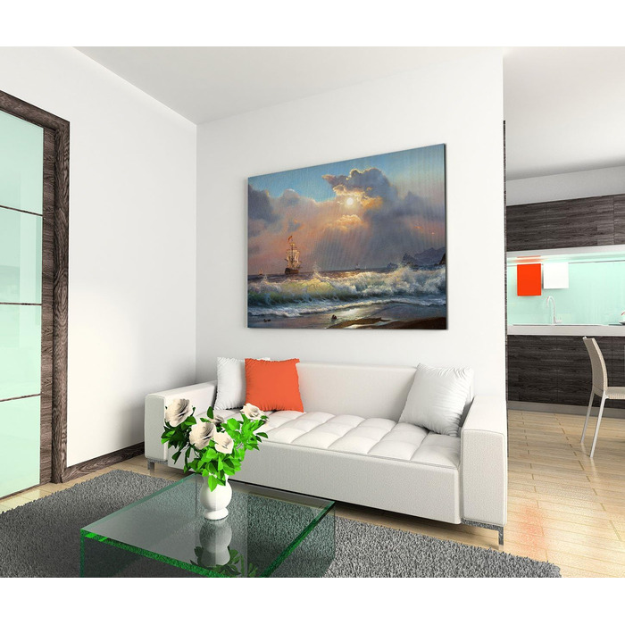 Полотно картина на підрамнику олійний живопис пляж морські хвилі вітрильник хмари полотно фреска як панорама, 120x80