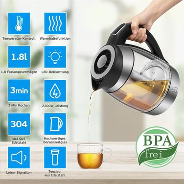 Скляний чайник 1.8 Налаштування температури Вибір температури 40C-100C Зміна кольору LED I BPA FREE I Регулювання температури Чайн