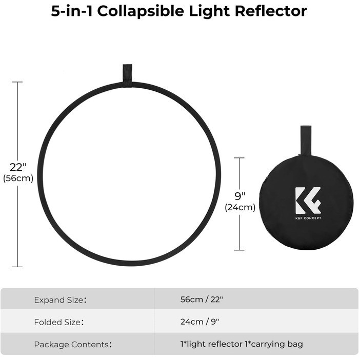В-1 Рефлекторний фотокомплект, складаний відбивач з сумкою для зберігання (56 см), напівпрозорий, сріблястий, золотий, білий і чорний круглі відбивачі для фотозйомки, зовнішнє освітлення 56см, 5-