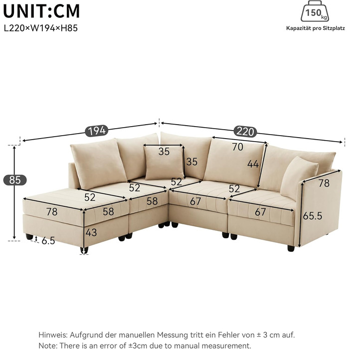 Модульний 5-місний диван з розкладною підставкою для ніг, L-подібної, U-подібної форми, підходить для вітальні, квартири тощо, бежевого кольору