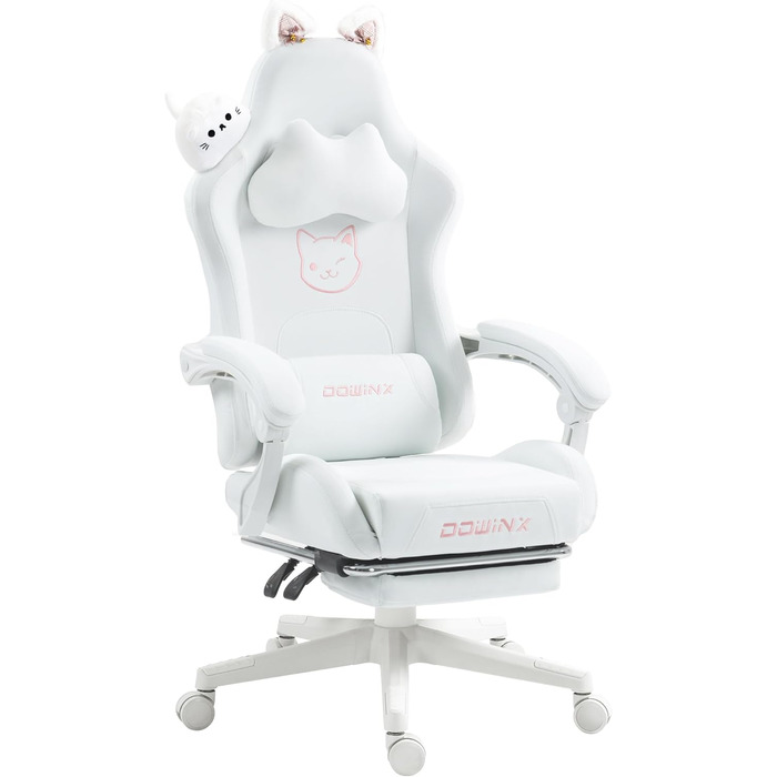 Ігрове крісло Dowinx - Видання &quotМилий кіт&quot - Ергономічне комп&39ютерне крісло з високою спинкою та поперековою опорою, шкіра синтетична, підставка для ніг, білий кіт, білосніжний