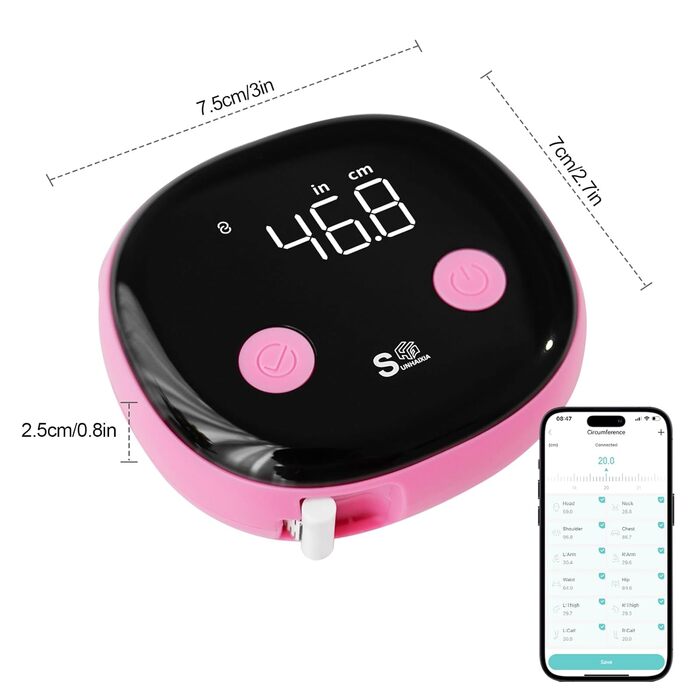 Розумна рулетка Fitdays для вимірювання тіла, рулетка для вимірювання тіла, світлодіодний HD повноекранний моніторинг жиру в організмі, інструмент для фітнес-шейпінгу та схуднення, додаток Fitdays (рожевий)