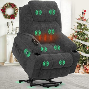 Електричне регульоване крісло-реклайнер YONISEE, масажне крісло з підйомником, функцією масажу та підігріву, крісло-реклайнер з підставкою для ніг, 2 бічні кишені та підстаканники, USB-порти, темно-сірий колір