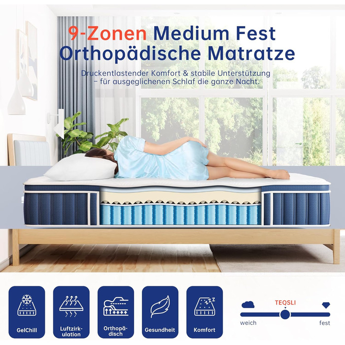 Матрац TeQsli з гелевим пружинним покриттям 140x200 см Висота 25 см Гелевий пружинний матрац з піною з ефектом пам&39яті для зняття тиску, ортопедичний та ергономічний 9-зонний матрац, сертифікований H3, Oeko-Tex та CertiPUR 25 см 140x200x25 см
