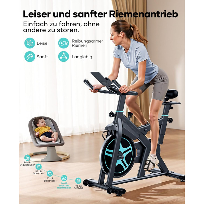 Оновлення 2026 р. Велотренажер із застосунком та пульсометром, ергометр із системою амортизації, надзвичайно тихий &lt20 дБ, регульований магнітний опір, маховик 15 кг, домашній тренажер до 160 кг, небесно-блакитний