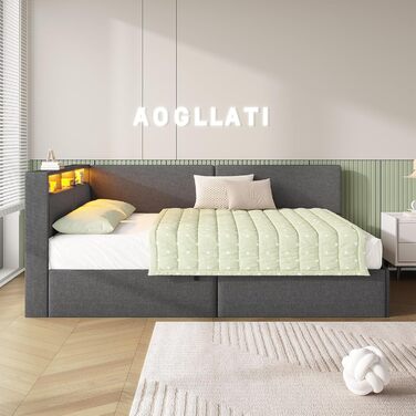 М&39яке ліжко-диван-ліжко 140x200 з USB-розетками та гідравлічним відділенням для зберігання, Ліжка 140x200 зі світлодіодним узголів&39ям та рейковою основою, Дитяче ліжко-кушетка, Двоспальне ліжко, Льняне, Темно-сірий (без матраца) 140 x 200 см Темно-сір