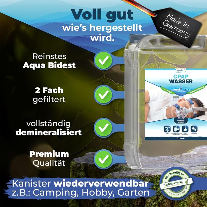 Вода для зволожувача повітря та кисневих пристроїв, інгалятора, бідистильована вода для медичних цілей CPAP (5 літрів), 5L Qindoo CPAP