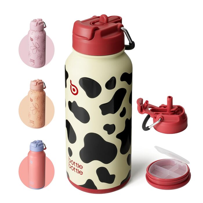ПЛЯШКА ПЛЯШКА Пляшка для води з нержавіючої сталі 1 л з трубочкою герметична ізольована пляшка для спорту та тренажерного залу, з відділенням для таблеток, без BPA, з подвійними стінками (у формі корови)